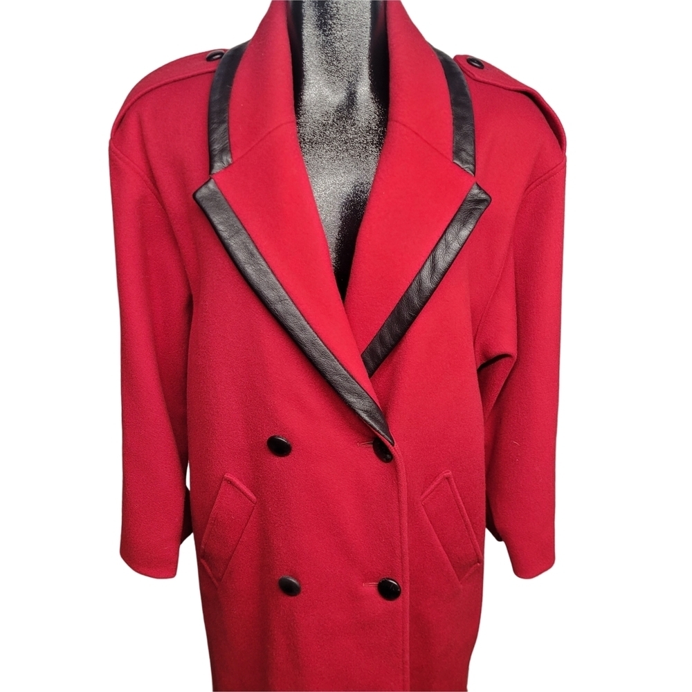 Vintage Red 100% Wool Double-Breasted Maxi Over Coat with Black Trim 6 - Picture 3 of 10
